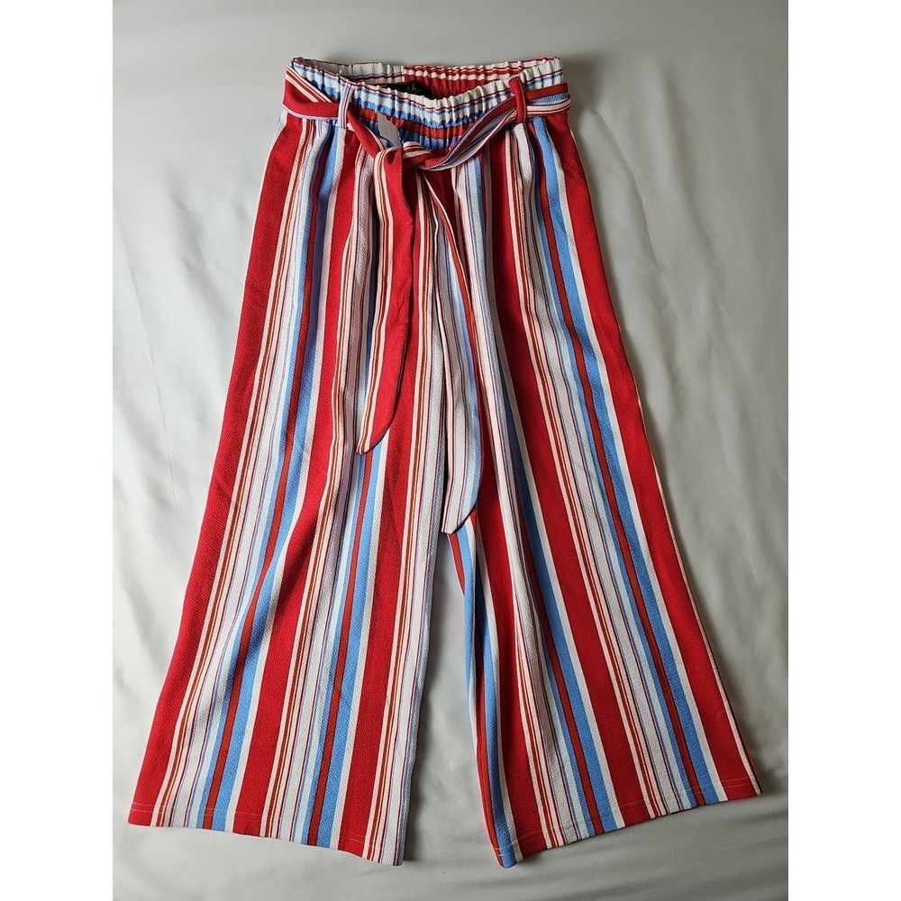 Lip Slide Palazzo wide leg Capri Pants Striped red white Lt blue Women's S
